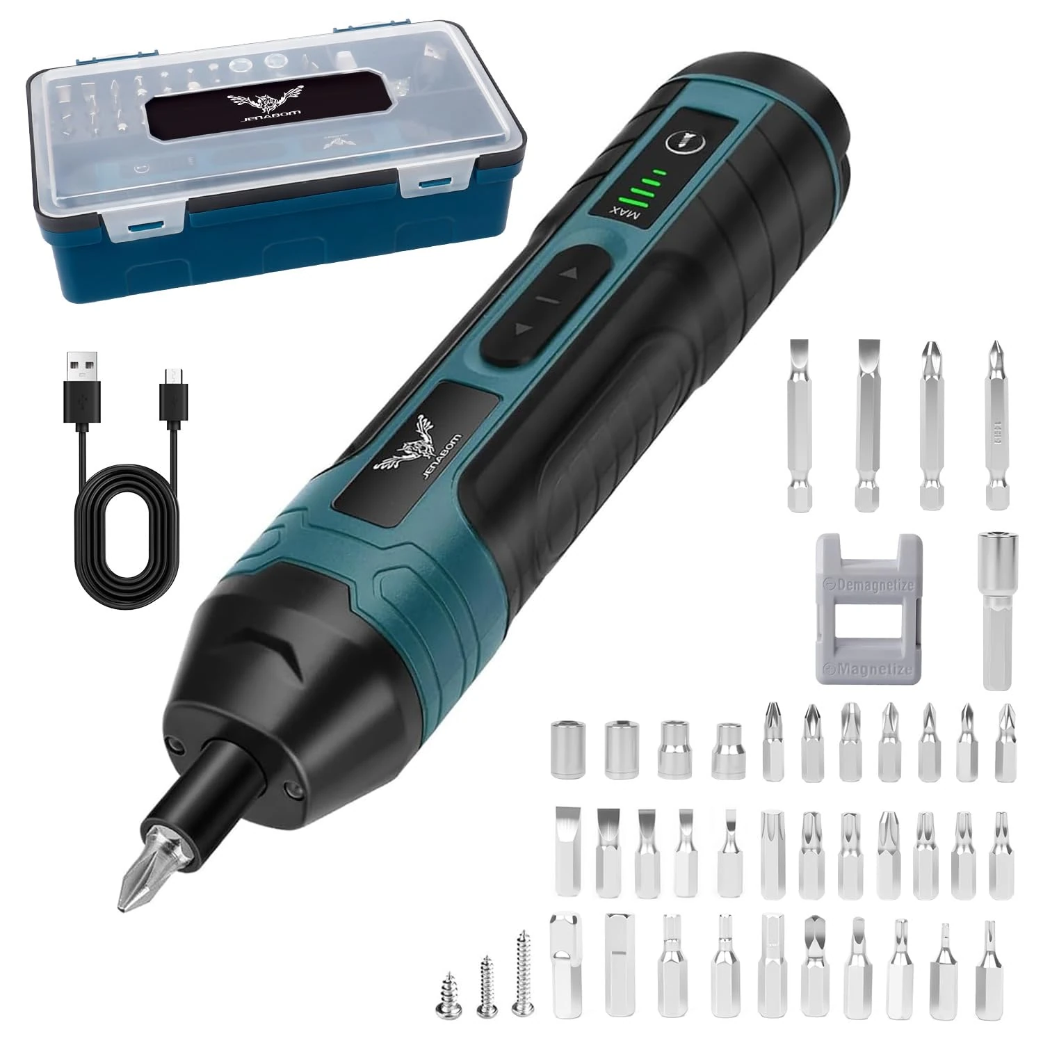 JENABOM Electric Cordless Screwdriver, 3.6V Rechargeable Screwdriver, 5N.m Max Torque, 4-Gear Torque, LED Light, 39 Pcs, Ideal for Daily & Light Industrial Use