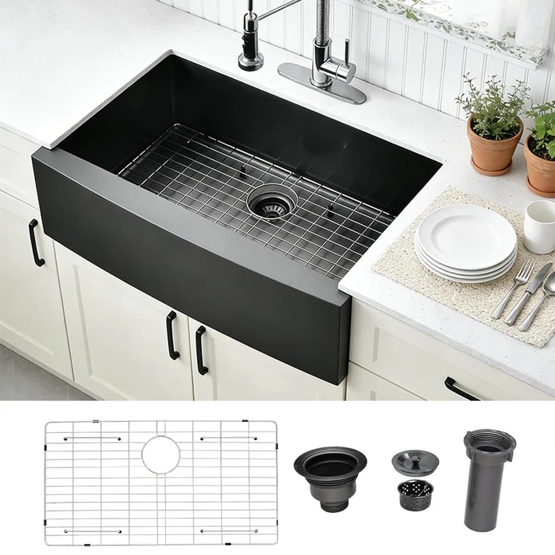 Black Farmhouse Sink 33 Inch - VALISY 33x22 Apron Front Farmhouse Kitchen Sink 16 Gauge Stainless Steel Undermount Deep Single Bowl Luxury Rustic Farm Sink with Dish Grid and Drainer