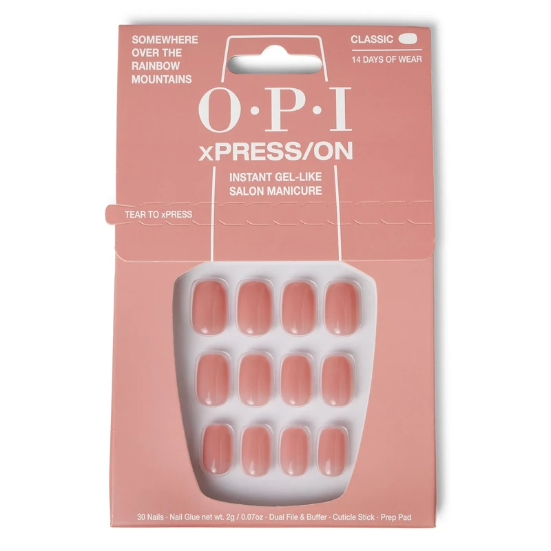 OPI xPRESS-ON Somewhere Over the Rainbow Mountains - Rose Pink Short and Round Shaped Press On Nails - With Nail Glue - Long Lasting, Reusable and Non-Damaging False Nails
