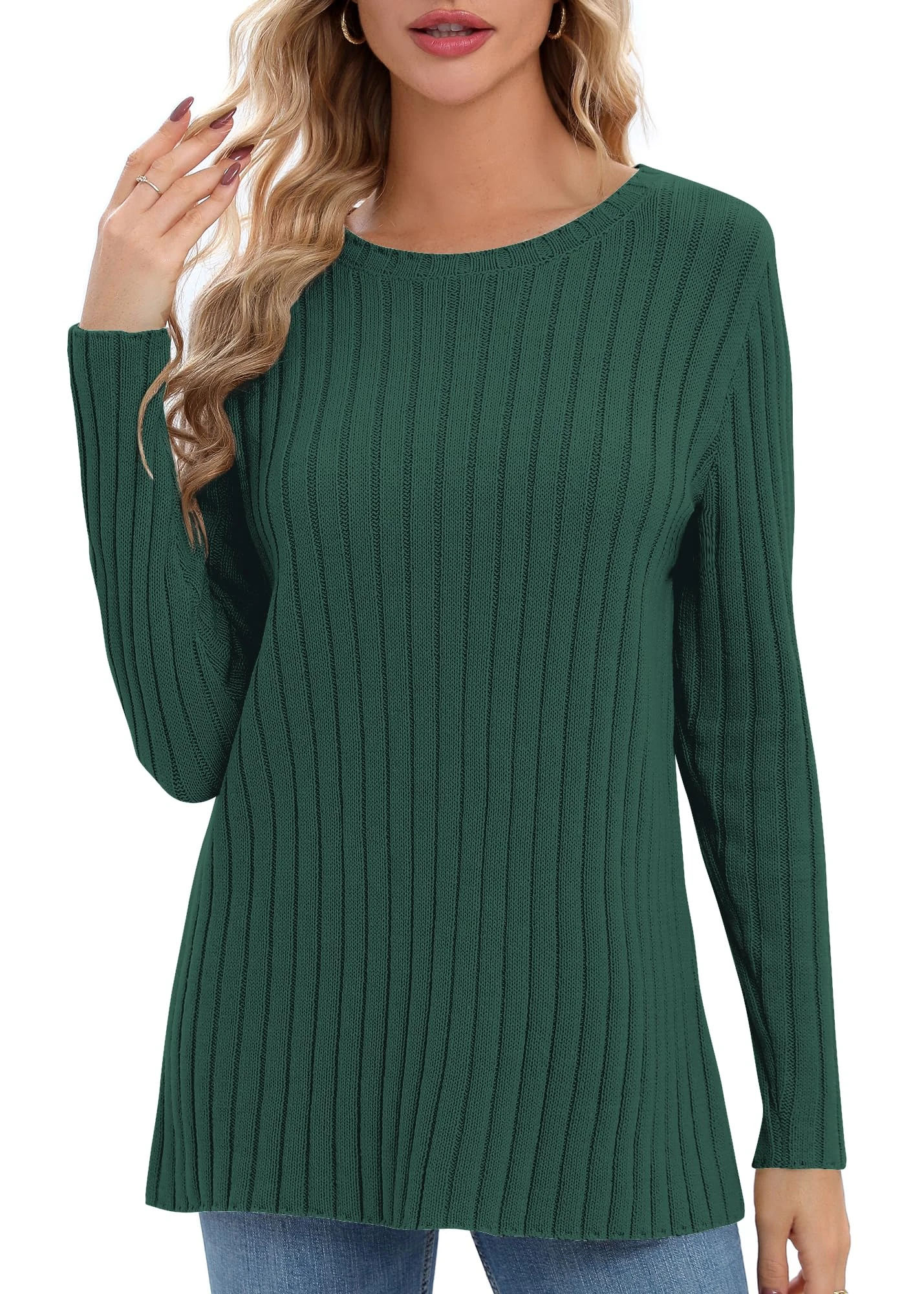 Urban CoCo Women's Lightweight Crewneck Pullover Sweaters Long Sleeve 2024 Fall Knitted Sweater Tops, Dark Green, S