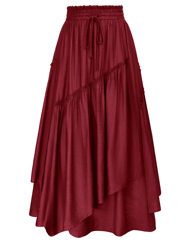 Scarlet Darkness Women Renaissance Layered Long Skirt Elastic High Waist Tiered Skirt with Pockets, Wine, L