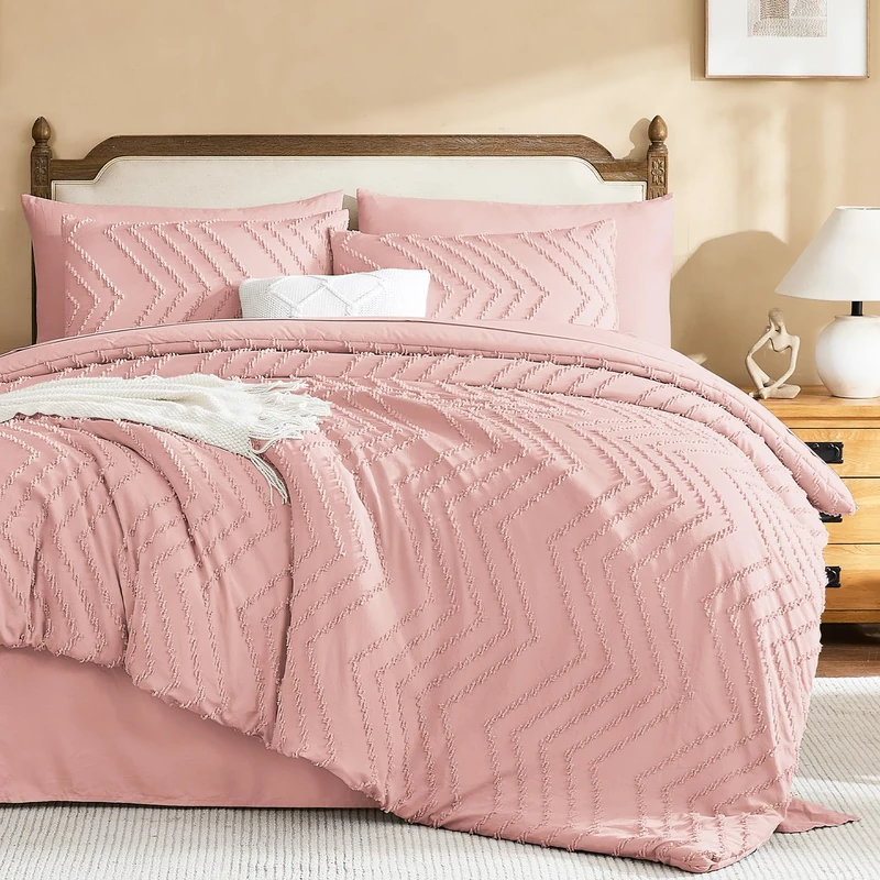 Litanika Blush Pink Full Size Comforter Set with Sheets - 7 Pieces Bed in a Bag Full Boho Tufted Complete Bedding Sets with Comforter, Sheets, Pillowcases & Shams