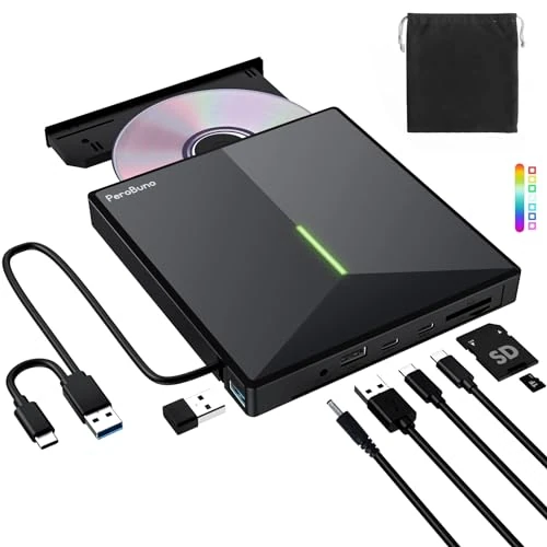 PeroBuno External CD DVD Drive, USB 3.0 and Type-C External DVD Burner with 2 TF/SD Card Reader, External Optical CD DVD ±R/RW Drive for Laptop PC Windows 11/10/8/7 Linux Mac OS