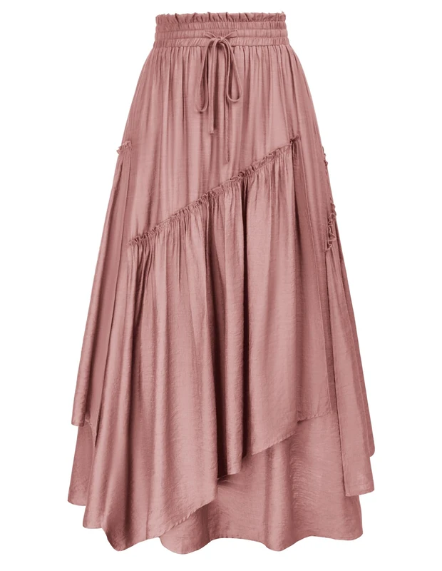 SCARLET DARKNESS Women Renaissance Layered Long Skirt Elastic High Waist Tiered Skirt with Pockets, Dusty Rose, S
