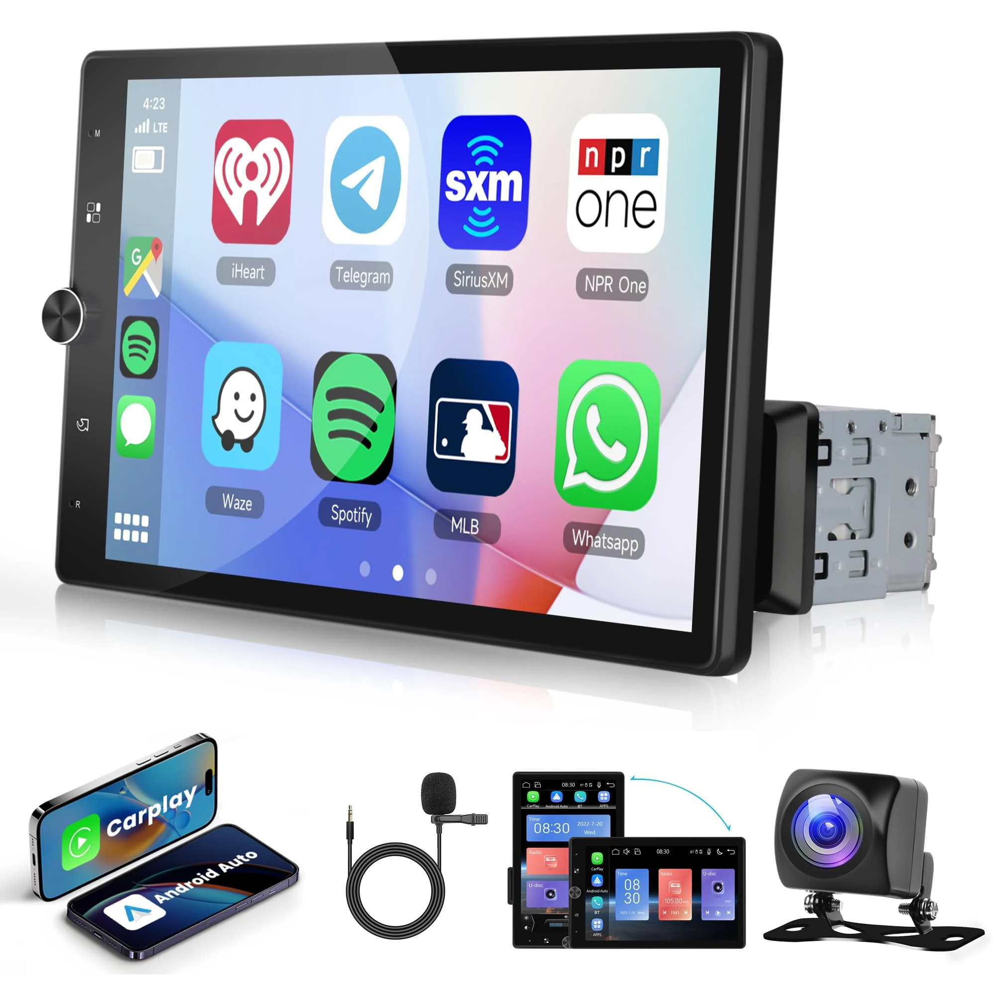 Single Din Car Radio Car Stereo with Wireless Carplay Android Auto, Rimoody 10.4 Inch Vertical Touch Screen Car Radio Bluetooth Mirror Link FM Radio Head Unit Backup Camera