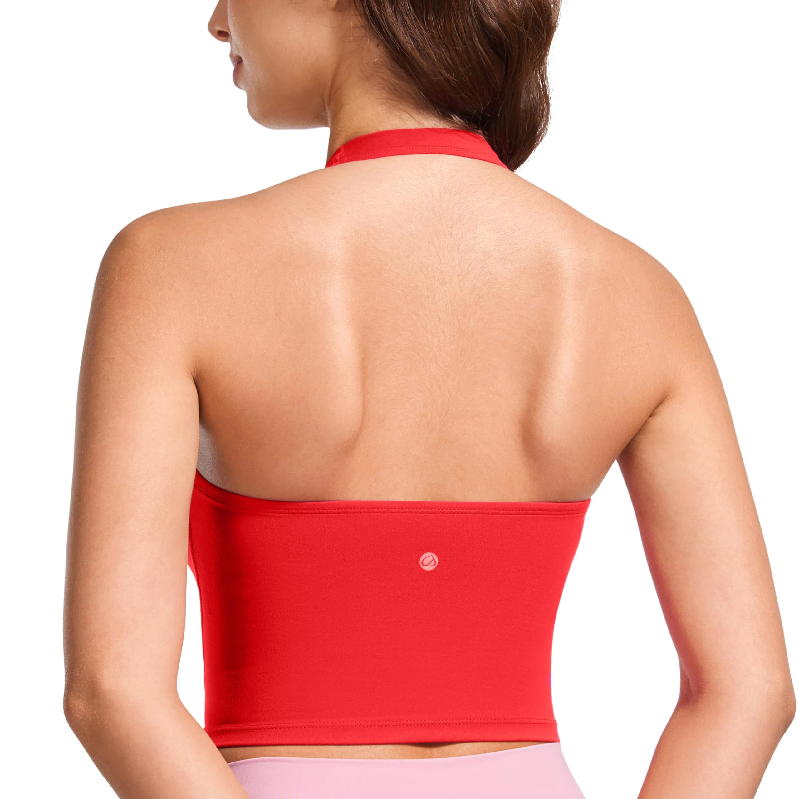 CRZ YOGA Butterluxe Women's Halter Neck Sports Bra Padded Longline Yoga Bras Workout Sport Crop Top with Built in Shelf Bra Deep Red 10