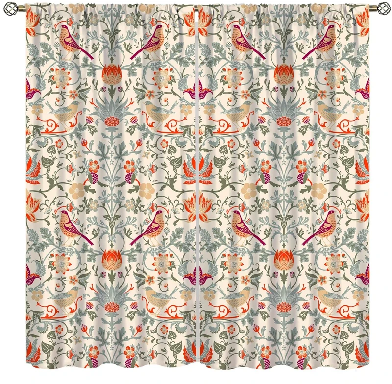 XBDDZSW Boho William Morris Retro Bird Animal Pattern Printed Curtains - Bedroom, Living Room, Kitchen Privacy - 2 Panels, 63x72in Blackout