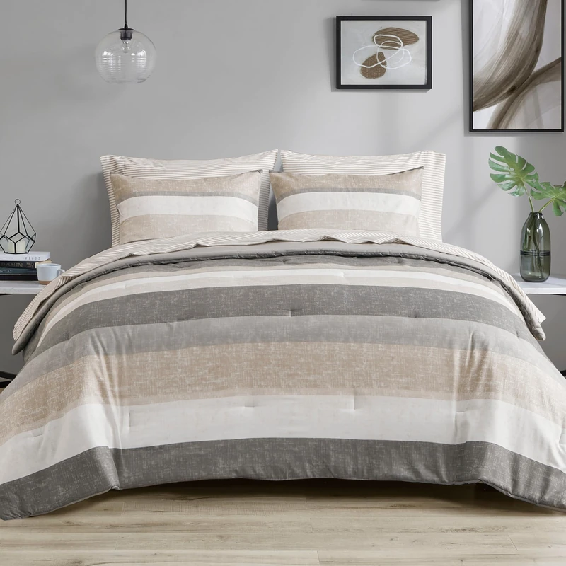 Madison Park Essentials Full Comforter Set, Bed in A Bag Comforter & Sheet Set, Modern Casual Stripes Print, All Seasons, Soft Microfiber Bedding Makeover, Matching Shams, Full Taupe/Grey 7 Piece - Image 1