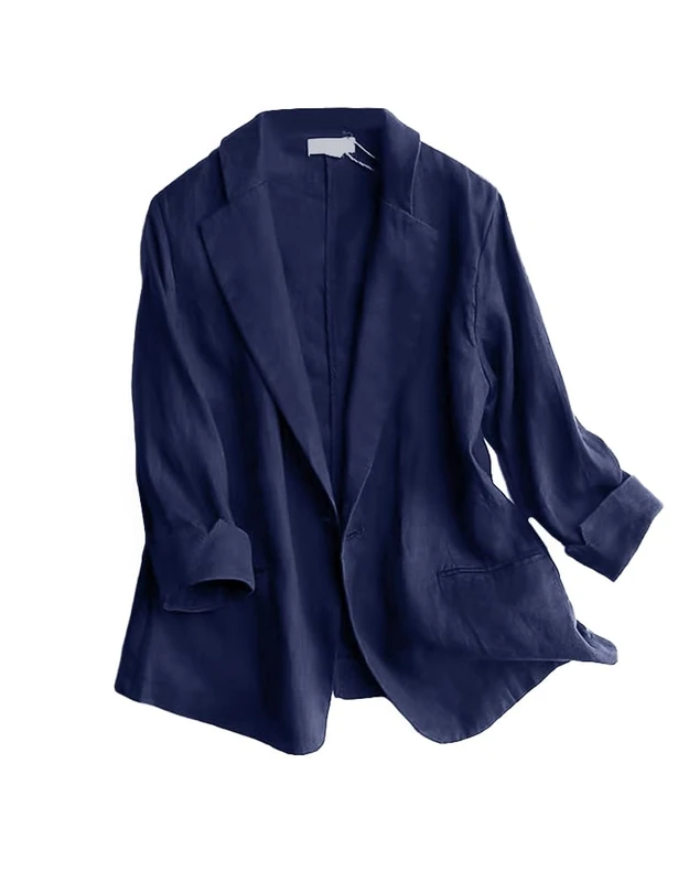 IDEALSANXUN 2024 Cotton Linen Blazer Women 3/4 Sleeve Lightweight Blazers Casual Suit Jackets, Dark Blue, 3XL