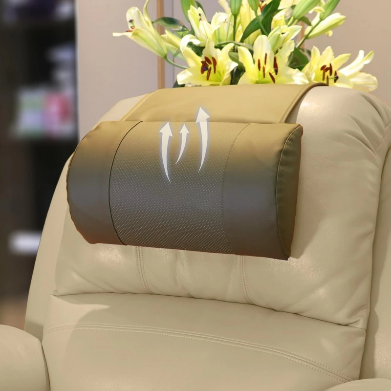 AmazeCov Non-Slip Head Pillow for Recliners - Neck Support Memory Foam Cushion with Breathable Perforated Leather Cover, Offering Relief at Home, Office, and Travels,Brown - Image 1