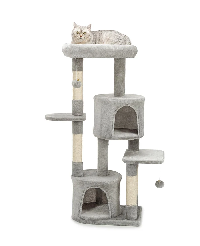 lionto Cat Scratching Post with 2 Plush Balls Including Bells, Height 115 cm, Cat Tree with Sisal Rope & Soft Plush, Cosy Lying Surface & Caves, Suitable for Small and Large Cats, Light Grey
