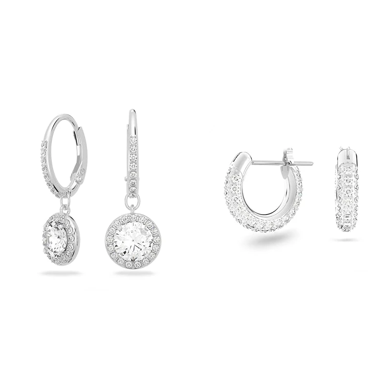 Swarovski Angelic drop earrings, Round cut, White, Rhodium plated & Stone hoop earrings, Small, White, Rhodium plated
