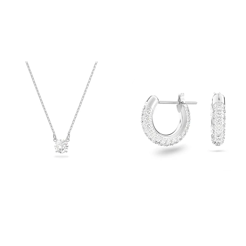 Swarovski Attract necklace, Round, White, Rhodium plated & Women's Stone Hoop Pierced Earrings, Set of Brilliant White Crystal Hoop Earrings with Rhodium Plating