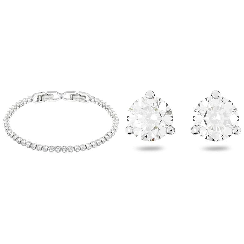 Swarovski Emily bracelet, Round cut, White, Rhodium plated & Solitaire stud earrings, Round cut, White, Rhodium plated