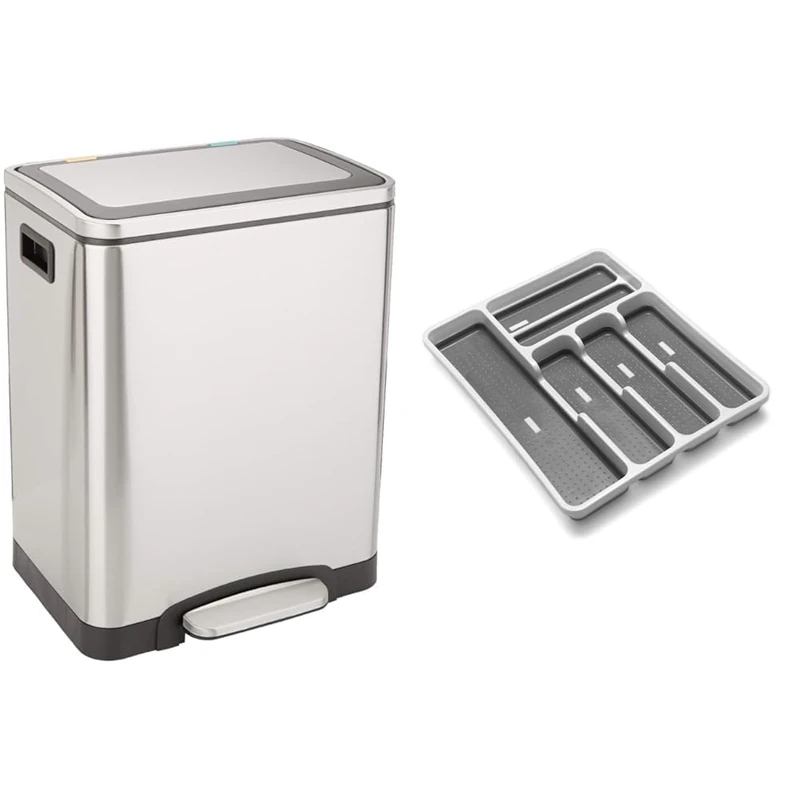 Amazon Basics Dual Compartment Rectangular Dustbin & Addis Premium Soft touch 6 Compartment Cutlery Drawer Organiser Tray, White and Grey 6 Sections