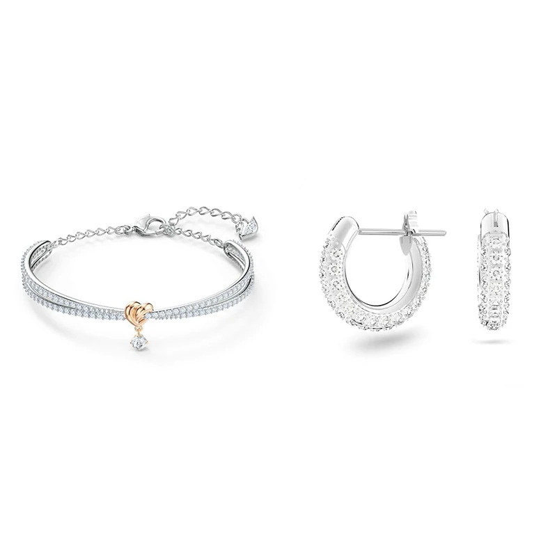 Swarovski Lifelong Heart bangle, Heart, White, Mixed metal finish & Stone hoop earrings, Small, White, Rhodium plated