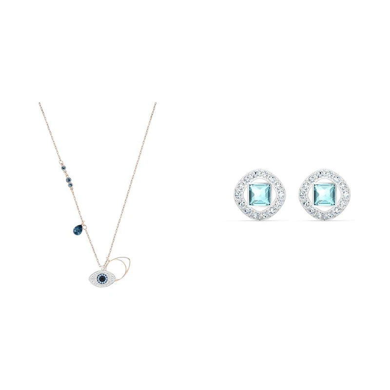 Swarovski Symbolic pendant, Evil eye, Blue, Mixed metal finish & Stud Pierced Earrings, Aqua, Rhodium plated, from Angelic Square Collection