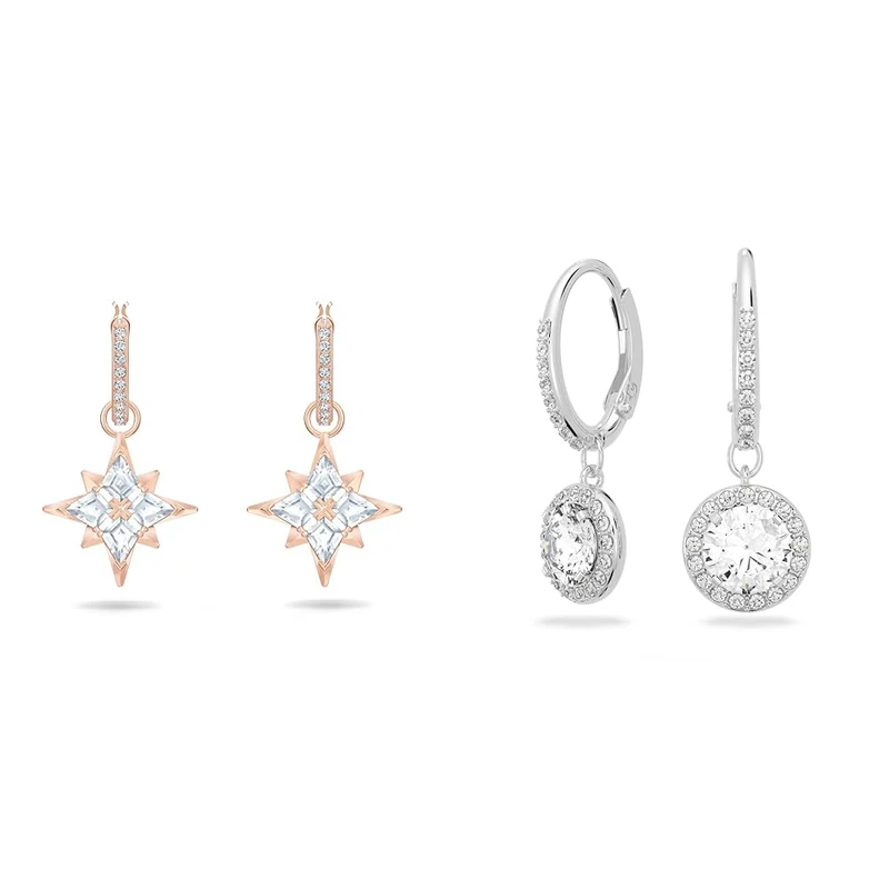 Swarovski Symbolic Hoop Earrings, Star, White, Rose Gold-Tone Plated & Angelic drop earrings, Round cut, White, Rhodium plated