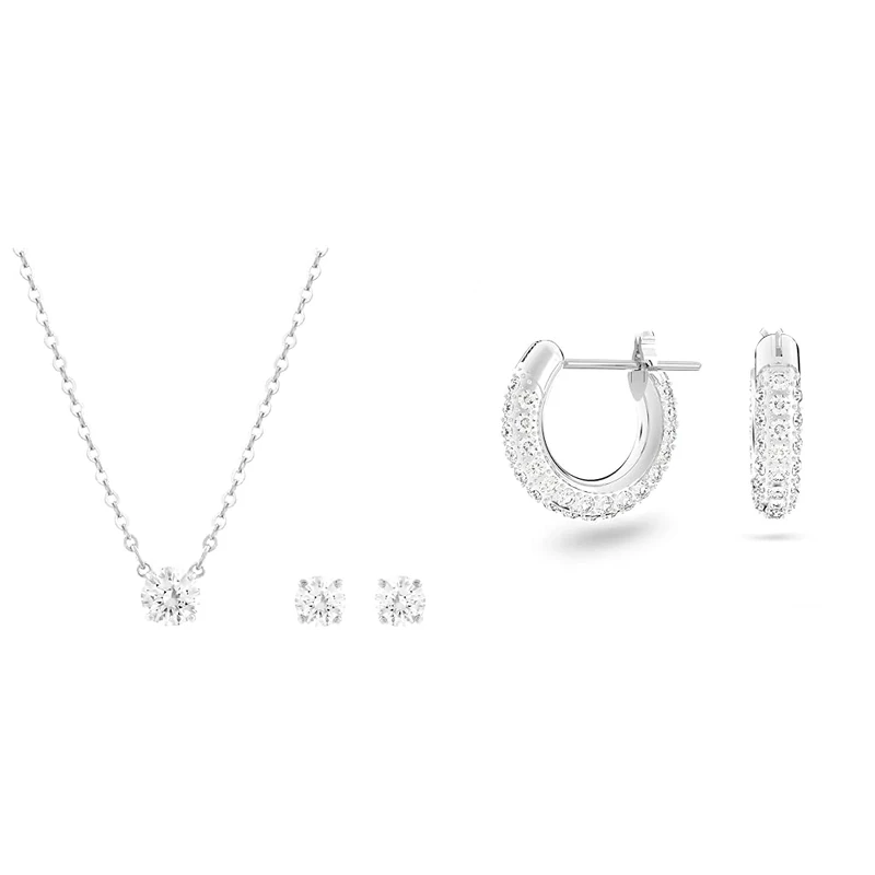 Swarovski Attract set, Round cut, White, Rhodium plated & Stone hoop earrings, Small, White, Rhodium plated - Image 1