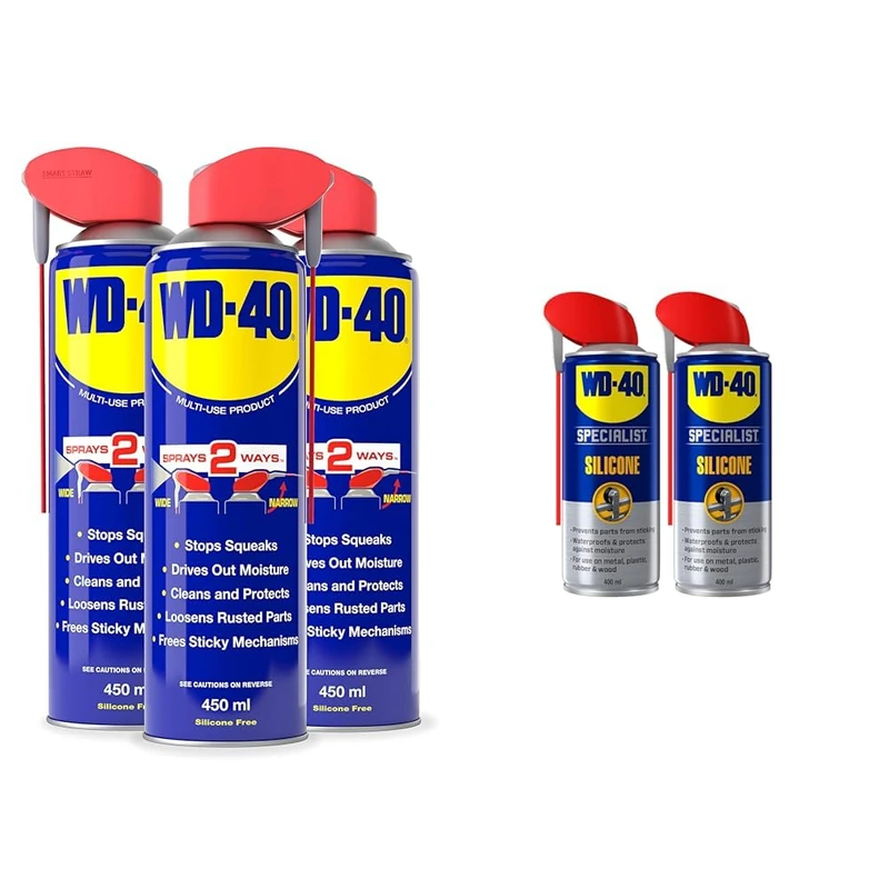 WD-40 Smart Straw Triple Pack 450ml | Multi-Use Lubricant & Corrosion Inhibitor Value Pack & Specialist Silicone Spray Lubricant Twin Pack, 2 x 400ml Cans - Image 1