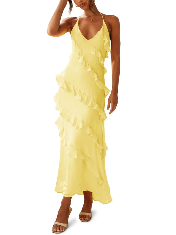 Wenrine Womens Sexy Chiffon Halter Maxi Dress Sleeveless Backless Ruffle Tassel Party Club Dresses, Yellow, XL - Image 1