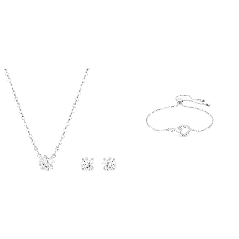Swarovski Attract set, Round cut, White, Rhodium plated & Infinity bracelet, Infinity and heart, White, Rhodium plated