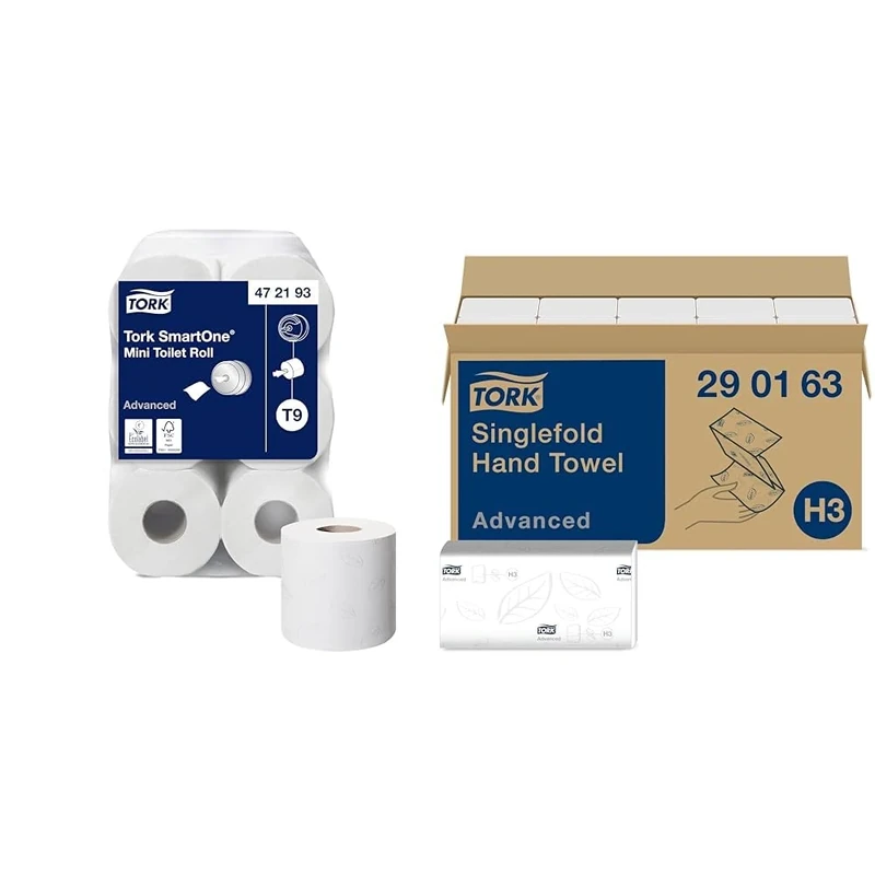 Tork SmartOne Mini Toilet Roll White T9, Advanced, 2-Ply, 12 x 620 Sheets, 472193 & Singlefold Paper Hand Towels 290163 - H3 Advanced Folded Paper Towels