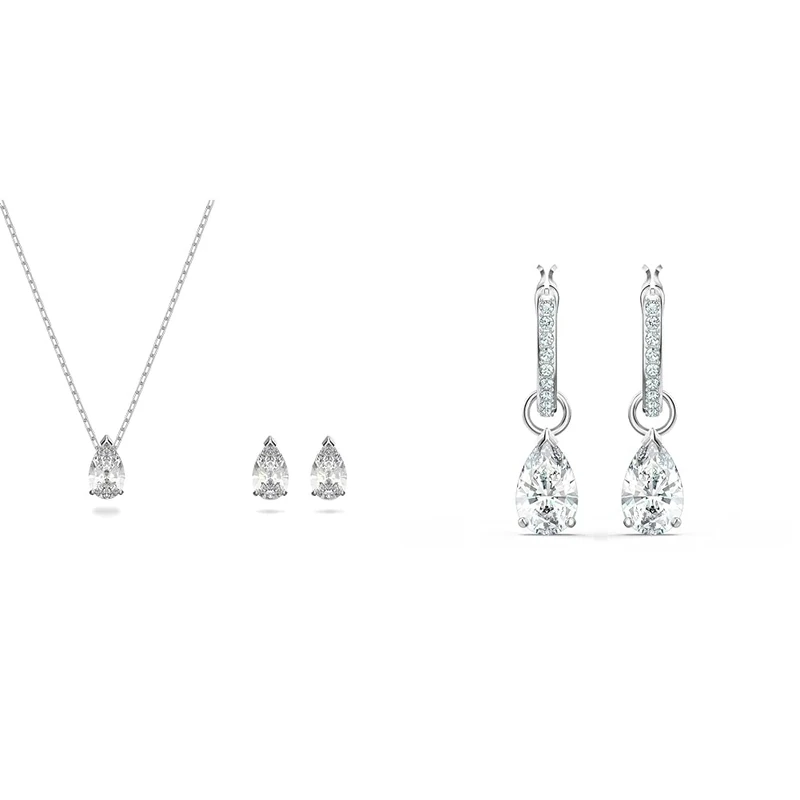 Swarovski Attract set, Pear cut, White, Rhodium plated & Attract Hoop Earrings, Pear Cut, White, Rhodium Plated