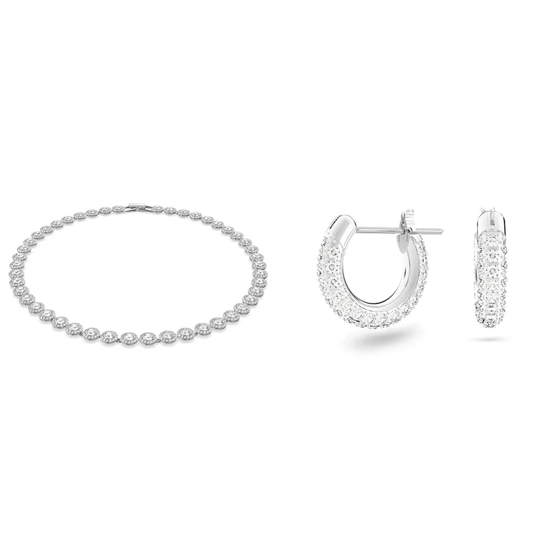 Swarovski Angelic necklace, Round cut, White, Rhodium plated & Stone hoop earrings, Small, White, Rhodium plated