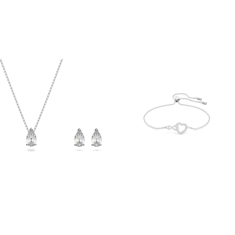 Swarovski Attract set, Pear cut, White, Rhodium plated & Infinity bracelet, Infinity and heart, White, Rhodium plated