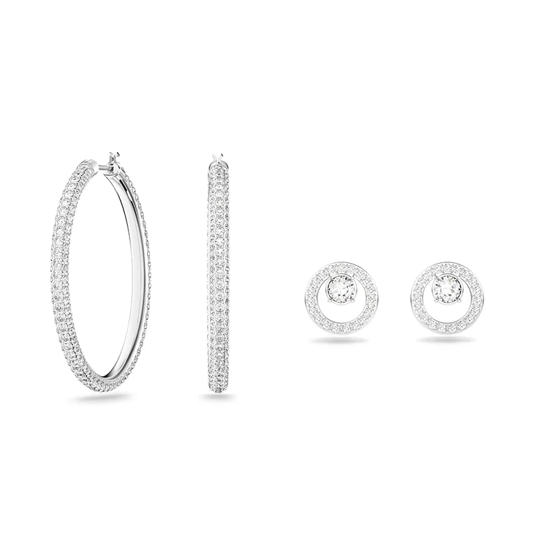 Swarovski Stone hoop earrings, White, Rhodium plated & Creativity stud earrings, Circle, White, Rhodium plated - Image 1