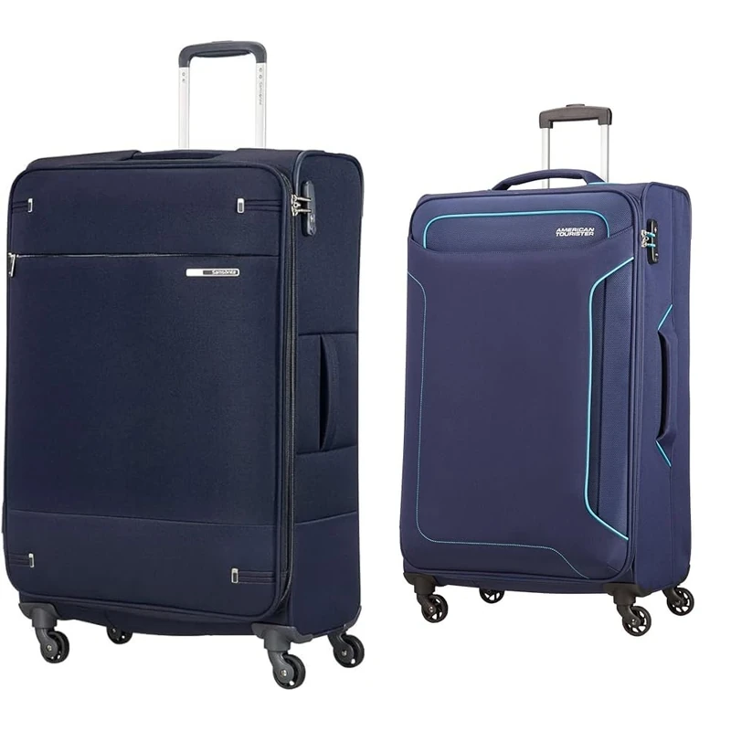 Samsonite Base Boost - Spinner L Expandable Suitcase, 78 cm, 105/112.5 Litre, Blue (Navy Blue) & American Tourister Holiday Heat - Spinner Suitcase, 79.5 cm, 108 Litre,TSA Padlock, Blue (Navy)