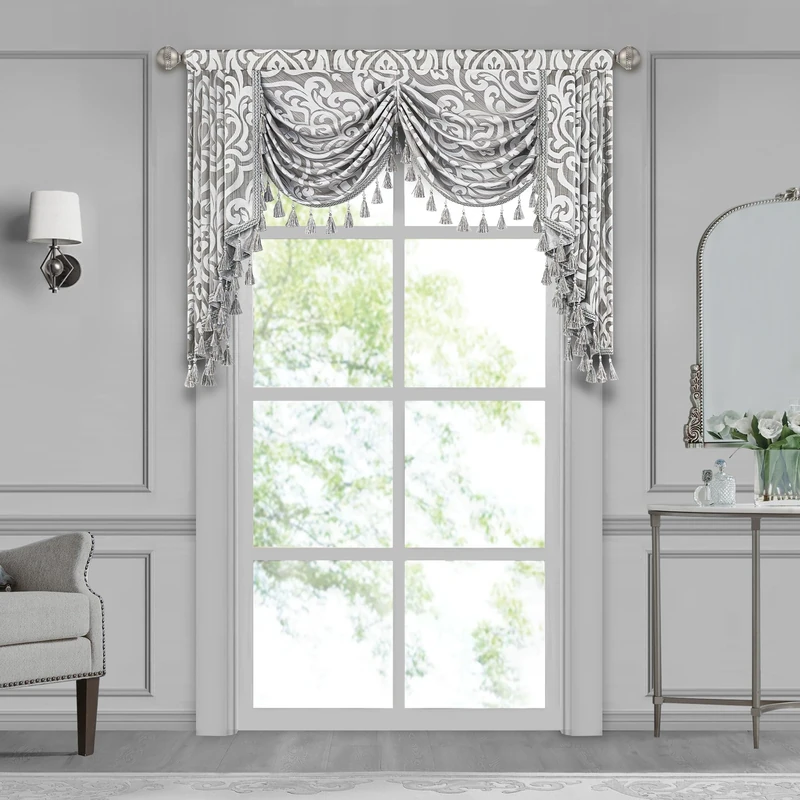 Loom and Mill Contemporary Jacquard Waterfall Valance for Living Room Bedroom, Modern Damask Swag Window Valances with Tassels, Luxury Swag Curtains for Banquet Holiday Decoration(W59Inch,1 Panel)
