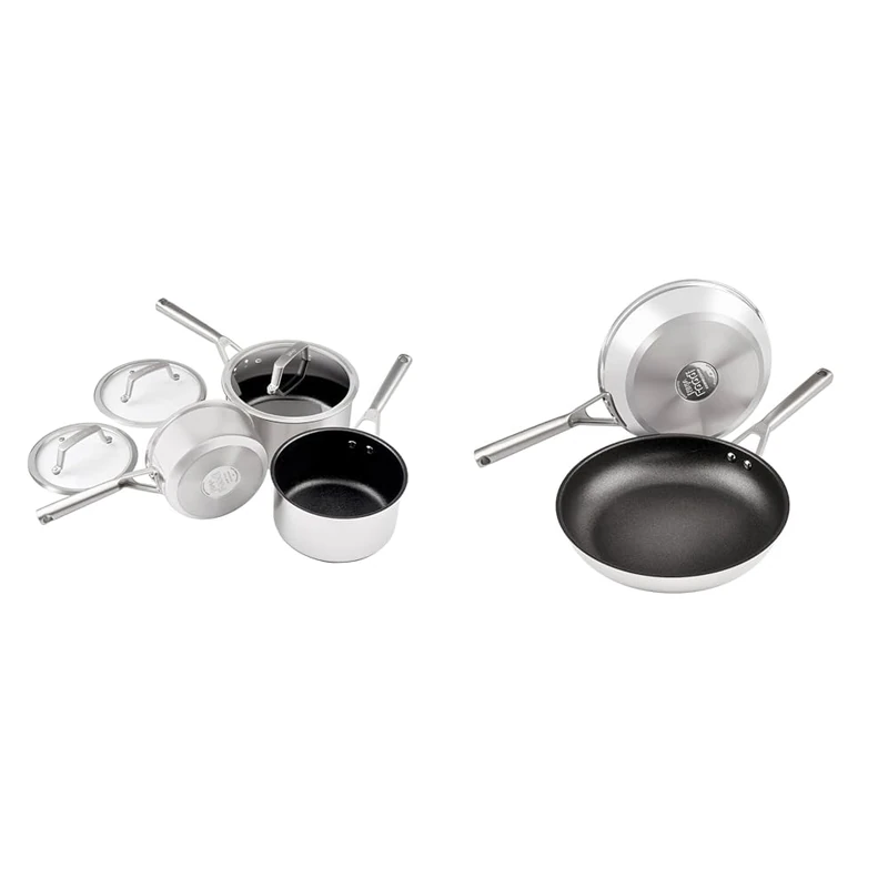 Ninja ZEROSTICK Stainless Steel Cookware 3-Piece Saucepan Set & ZEROSTICK 2-Piece Frying Pan Set, Stainless Steel Cookware