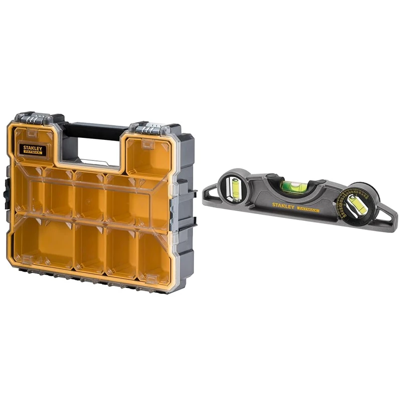 Stanley 1-97-518 Fatmax Deep Pro Organiser & FATMAX XTREME Torpedo Level Heavy Duty Aluminium Body and Magnetic Base Including 3 Reversible Vials 0-43-609, Grey/White, 25cm