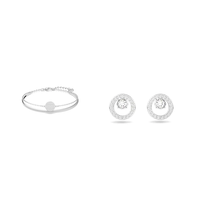 Swarovski Ginger bangle, White, Rhodium plated & Creativity stud earrings, Circle, White, Rhodium plated