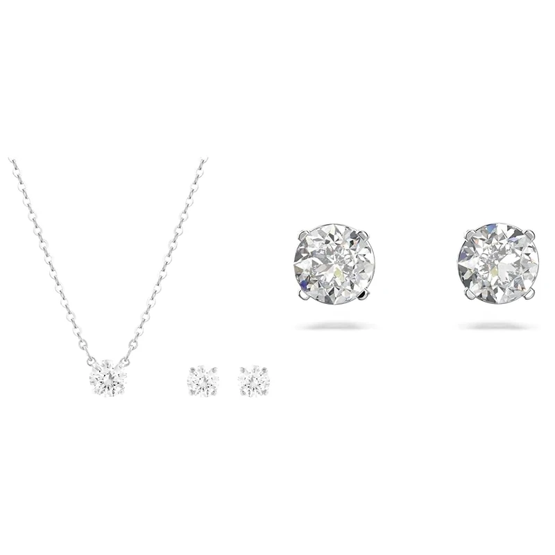 Swarovski Attract set, Round cut, White, Rhodium plated & Attract stud earrings, Round cut, Small, White, Rhodium plated