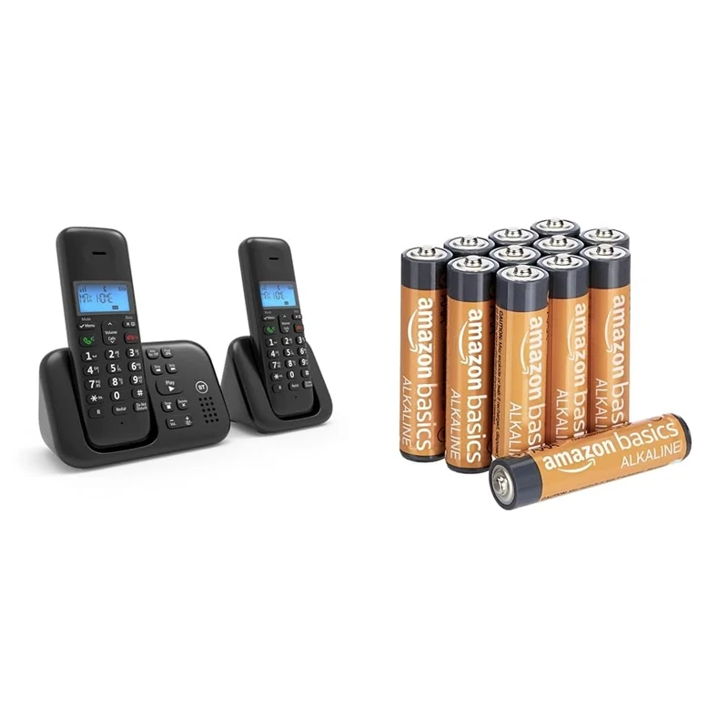 BT 3960 Cordless Landline House Phone with Nuisance Call Blocker, Digital Answer Machine, Twin Handset Pack & Amazon Basics AAA Alkaline Batteries, High-Performance, 10-Year Shelf Life, 12-Pack