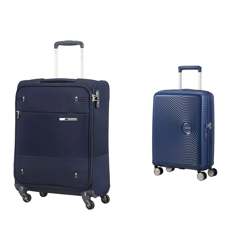 Samsonite Base Boost - Spinner S (Length: 40 cm) Hand Luggage, 55 cm, 39 Litre, TSA Lock, Blue (Navy Blue) & American Tourister Soundbox Spinner Hand Luggage 55 cm, 41 L, Blue (Midnight Navy)