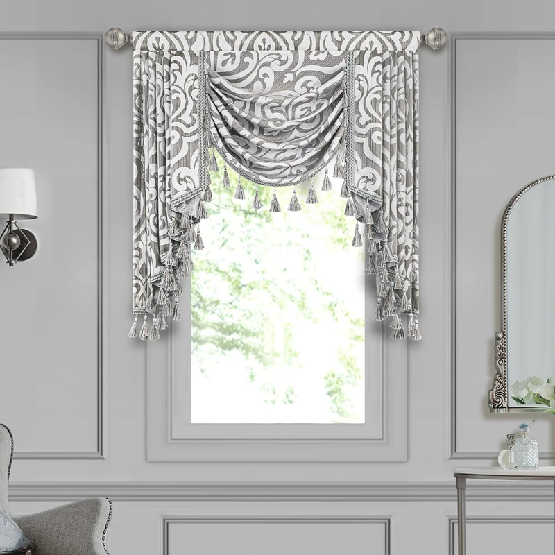 Loom and Mill Contemporary Jacquard Waterfall Valance for Living Room Bedroom, Modern Damask Swag Window Valances with Tassels, Luxury Swag Curtains for Banquet Holiday Decoration(W39Inch,1 Panel)