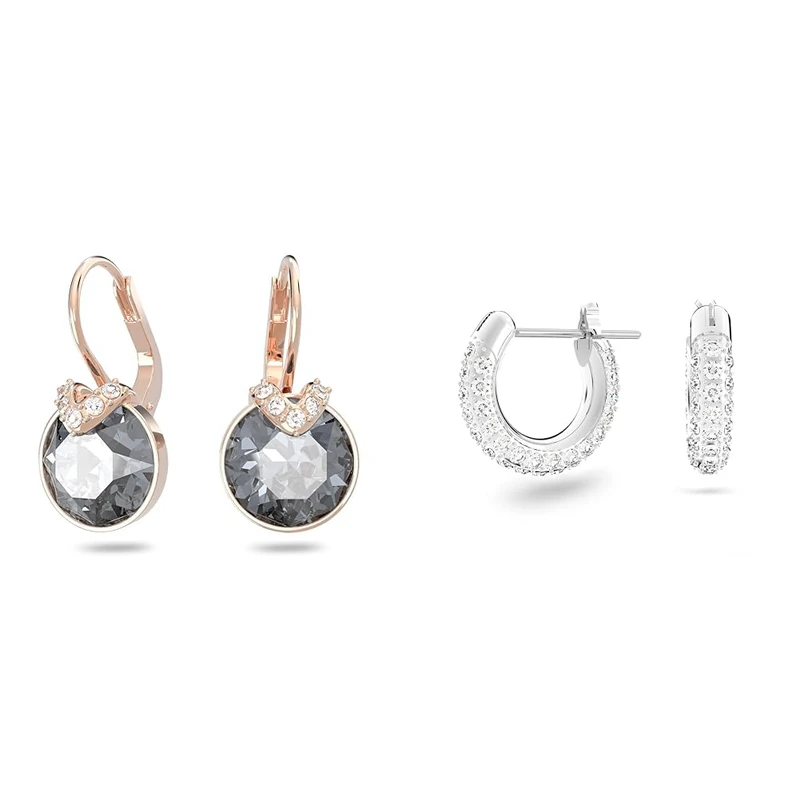 Swarovski Bella V drop earrings, Round cut, Pavé, Grey, Rose gold-tone plated & Stone hoop earrings, Small, White, Rhodium plated