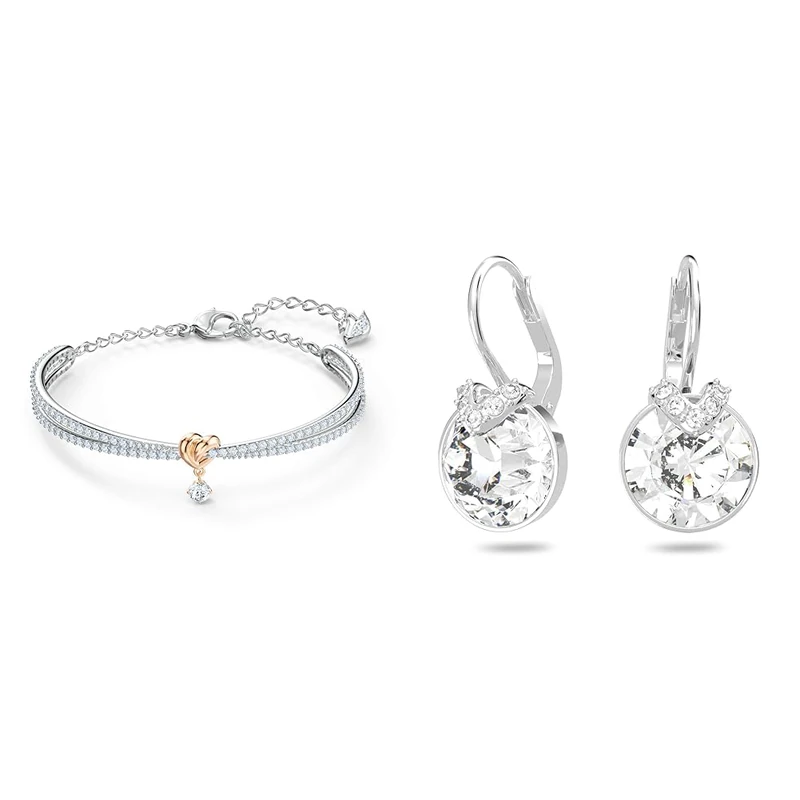 Swarovski Lifelong Heart bangle, Heart, White, Mixed metal finish & Bella Drop Pierced Earrings with Round White Crystals and Matching Pavé on a Rhodium Plated Setting with a Lever Back Closure