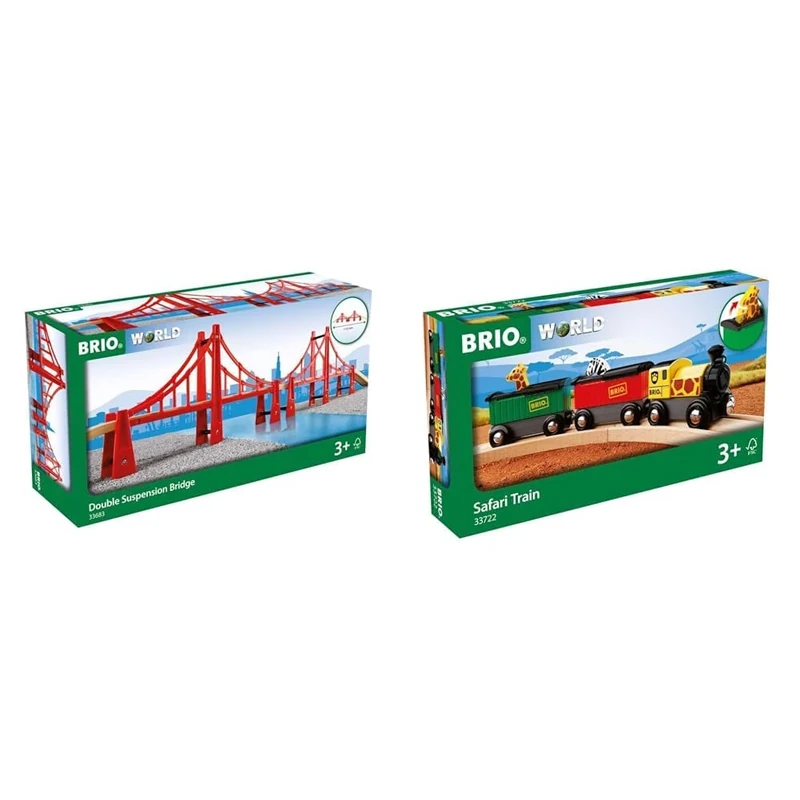 BRIO 33683 Double Suspension Train Bridge for Kids Age 3 Years Up & World Safari Train Kids Age 3 Years Up - Wooden Railway Set Add On Accessories