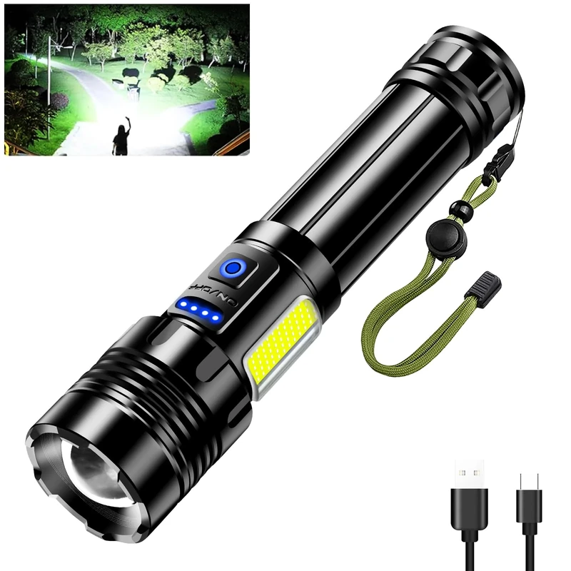Glarylight LED Rechargeable Torch 600000 Lux, 9 Modes Torches Super Bright, XHP90.2 with COB Side Light, Reverse Charging, Zoomable, IPX7 Waterproof, Powerful Flashlight for Emergency,Camping