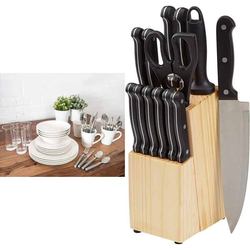 Sabichi 36pc Day to Day White Dinner Set - Microwave & Dishwasher Safe - Plates and Bowls Set & Amazon Basics 14-Piece Knife Set with Block, Black