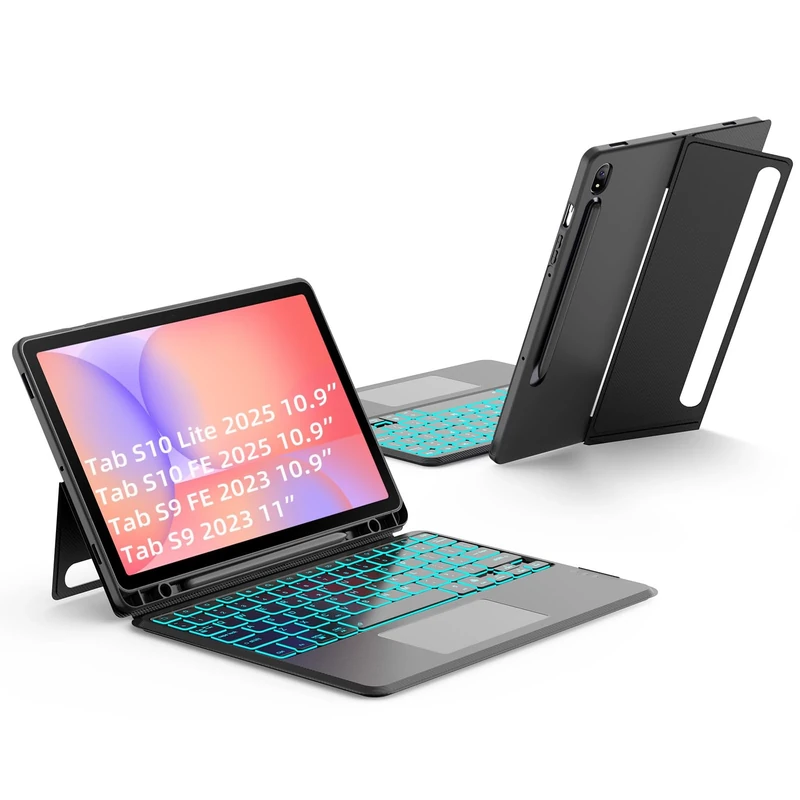 JUQITECH Trackpad Keyboard Case for Samsung Galaxy Tab S10 Lite S10 FE 2025 S9 FE 10.9 Inch S9 11 Inch 2023, Soft Protector Case Kickstand Magnetic Detachable Wireless Backlit Keyboard, S Pen Slot
