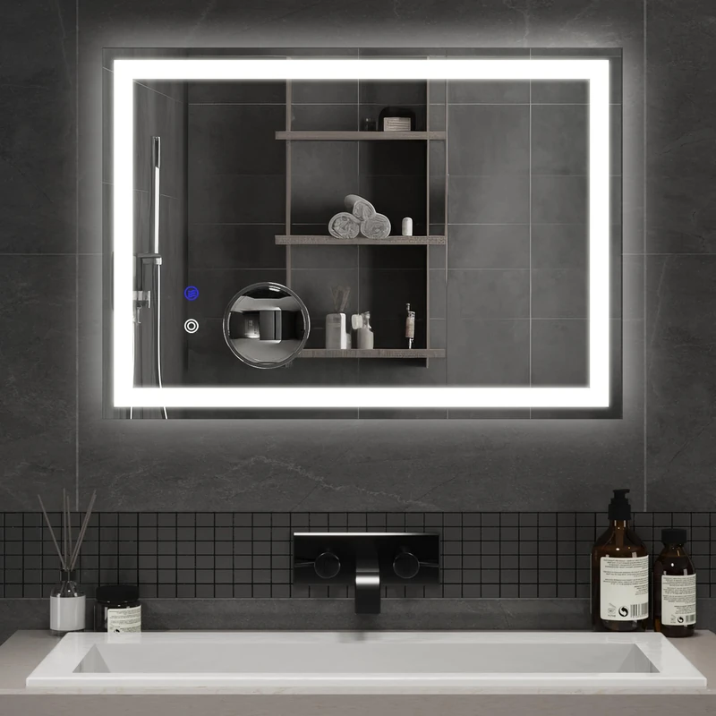 Mondeer 500 x 700 mm Bathroom Mirror with LED Lights, Illuminated Wall Mounted Vanity Mirror with Memory Function 3 Colors Dimmable Demister and 5x Magnifier (3000 K - 6500 K)