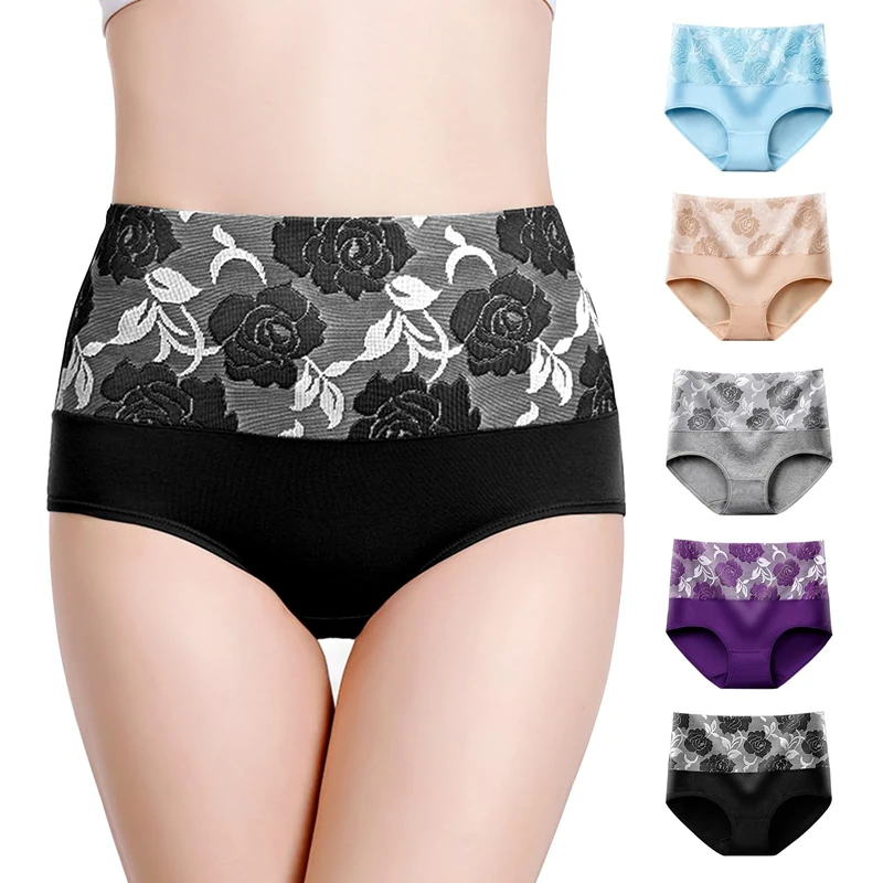 Anntry Women's High Waist Knickers Ladies Cotton Briefs Underwear Full Coverage Soft Breathable Panties 5-pack