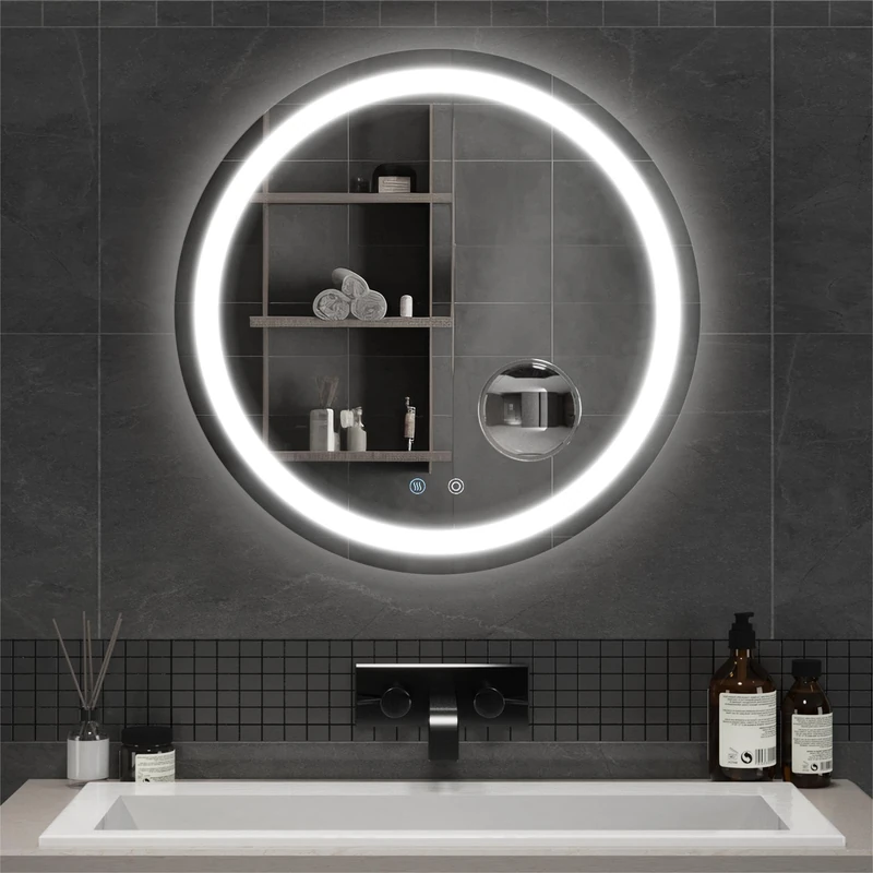 Mondeer 600mm Round Bathroom Mirror with LED Lights, Illuminated Wall Mounted Vanity Mirror with 3 Colors Dimmable Demister and 5x Magnifier, for Bathroom (3000 K - 6500 K)