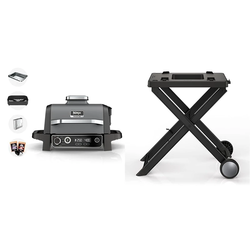 Ninja Woodfire Electric BBQ Grill & Smoker, 7-in-1 Outdoor Barbecue Grill & Air Fryer, Grey/Black, OG701UK & Woodfire Folding Grill Stand, Official Accessory, Black/Grey XSKGRLLSTDEUK